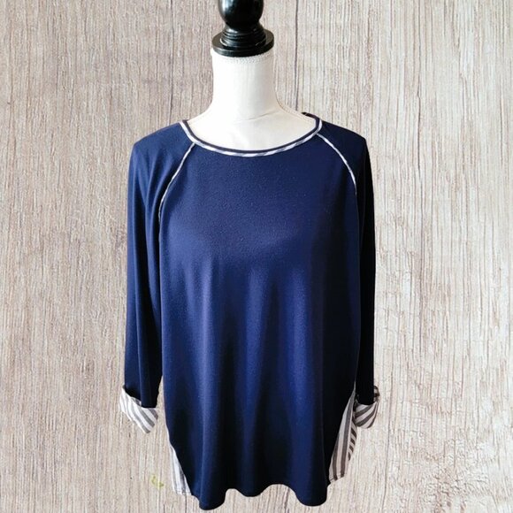 Ruby Rd. Navy Casual Blue Long Sleeve Casual Top with Gray Stripes Size Medium - Picture 1 of 4